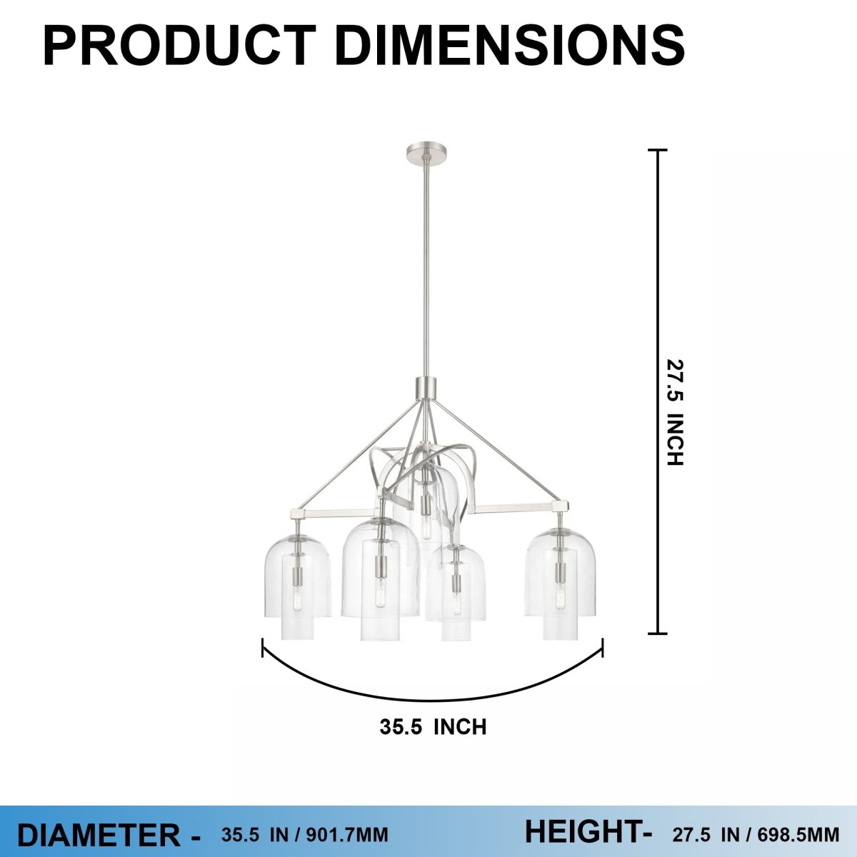 5-Light Modern Glass Bell Shade Round Chandelier Diam 35.5", Polished Nickel Finish Hardware with Clear Glass, 27.5" Height, 120V, Bulb Type B10, Socket Type E12, Max wattage Per Socket 60W