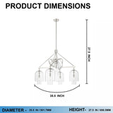 5-Light Modern Glass Bell Shade Round Chandelier Diam 35.5", Polished Nickel Finish Hardware with Clear Glass, 27.5" Height, 120V, Bulb Type B10, Socket Type E12, Max wattage Per Socket 60W