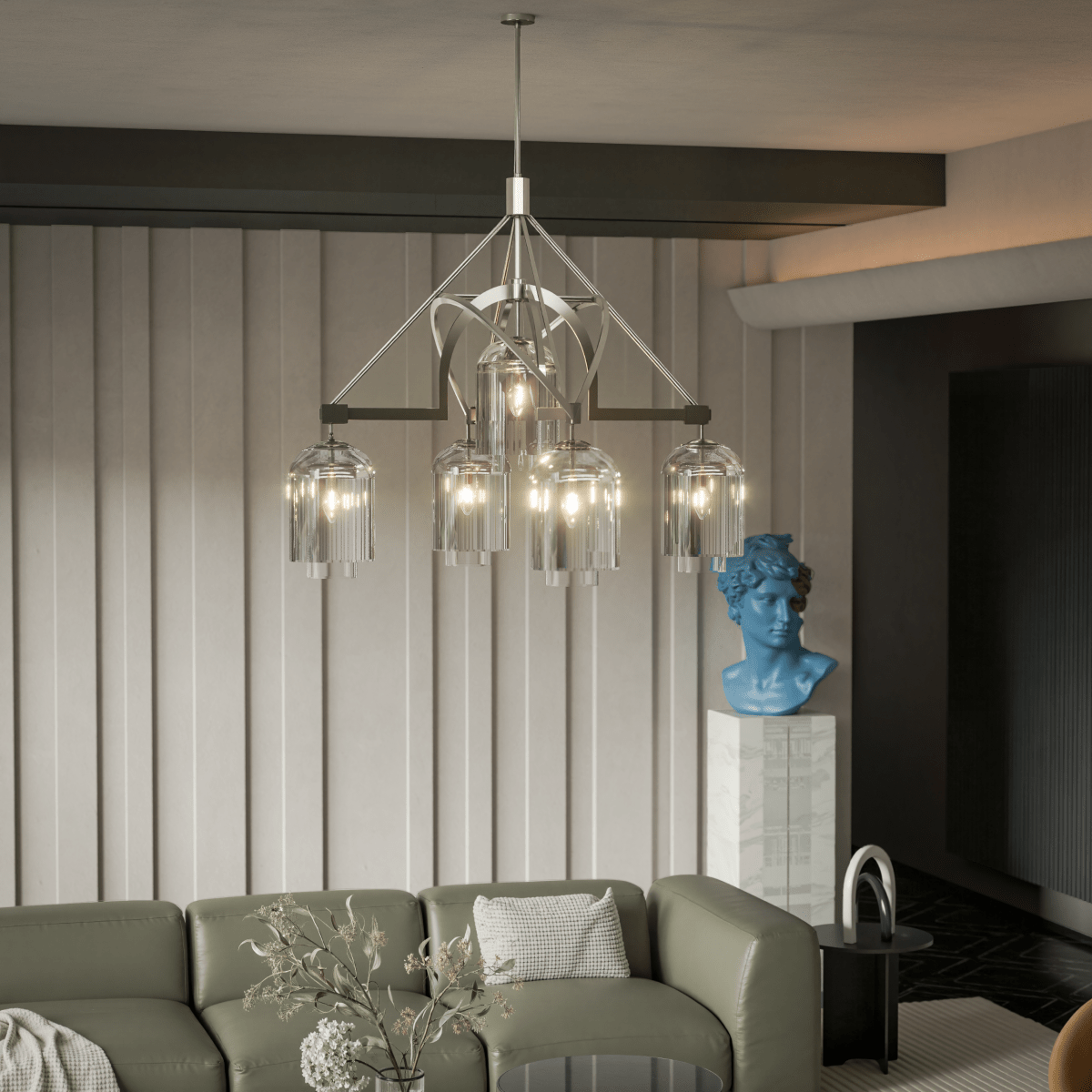 5-Light Modern Glass Bell Shade Round Chandelier Diam 35.5", Polished Nickel Finish Hardware with Clear Glass, 27.5" Height, 120V, Bulb Type B10, Socket Type E12, Max wattage Per Socket 60W