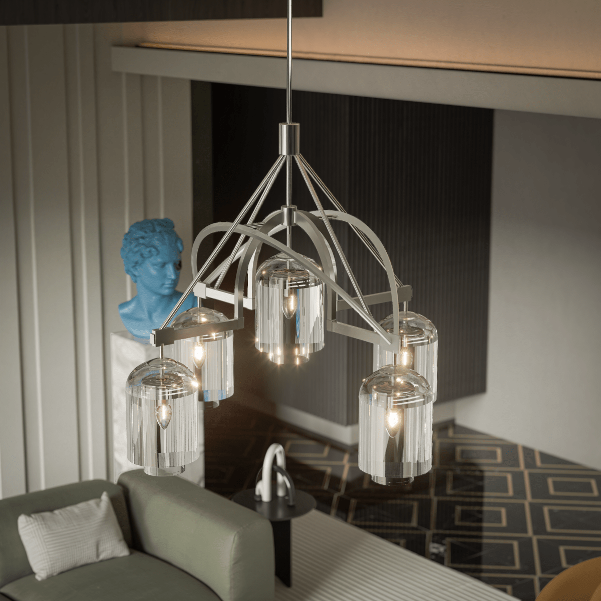 5-Light Modern Glass Bell Shade Round Chandelier Diam 35.5", Polished Nickel Finish Hardware with Clear Glass, 27.5" Height, 120V, Bulb Type B10, Socket Type E12, Max wattage Per Socket 60W