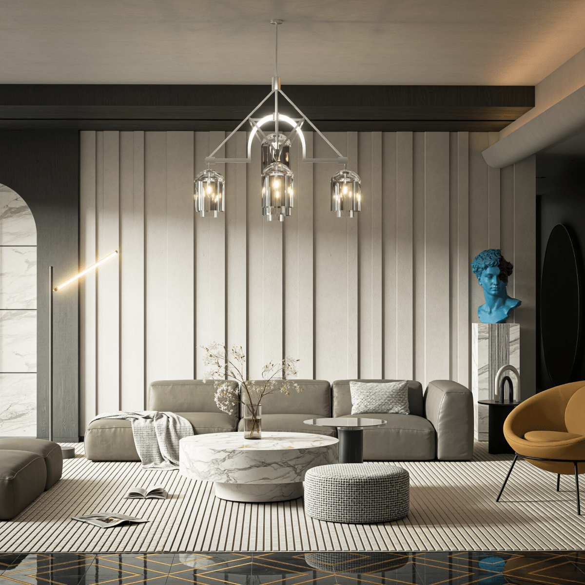 5-Light Modern Glass Bell Shade Round Chandelier Diam 35.5", Polished Nickel Finish Hardware with Clear Glass, 27.5" Height, 120V, Bulb Type B10, Socket Type E12, Max wattage Per Socket 60W