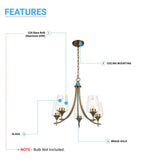 5-Lights Chandelier Light - Brass Gold Finish with Clear Glass Shades, E26 Socket, UL Listed for Damp Location, 3 Years Warranty