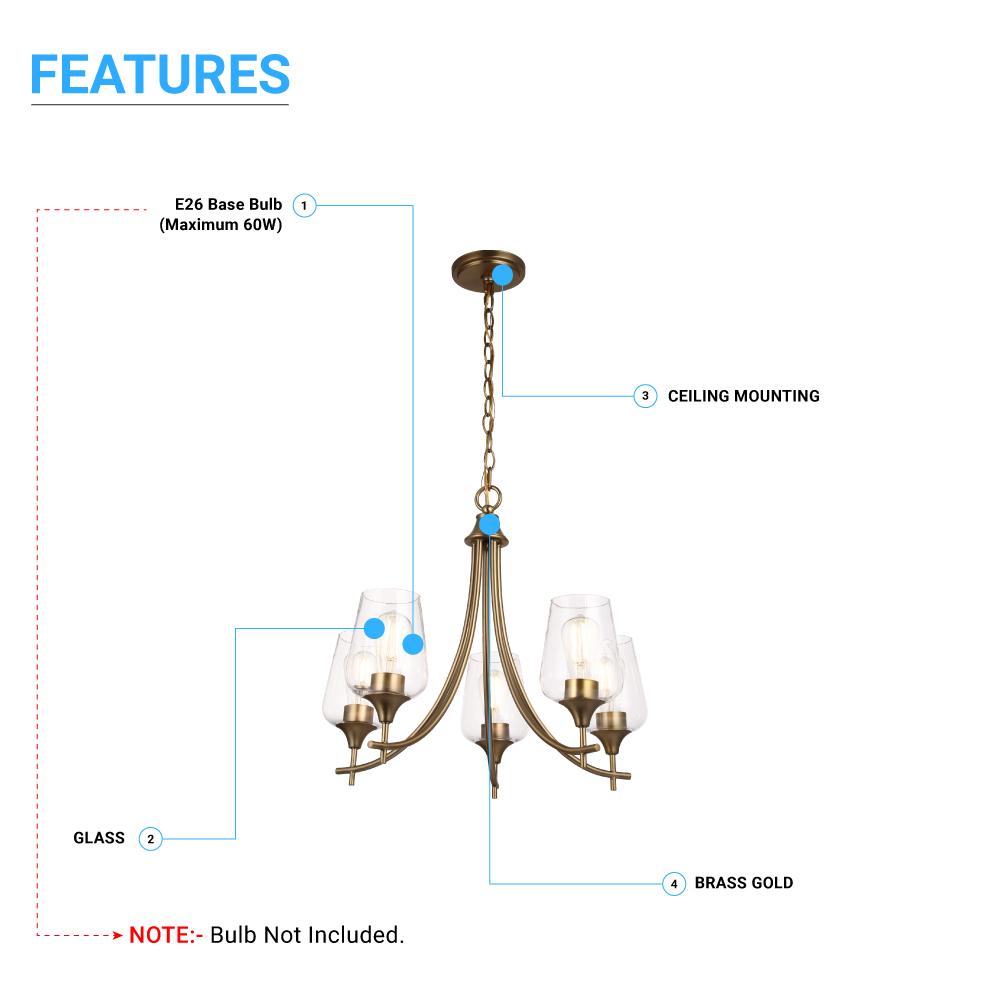5-Lights Chandelier Light - Brass Gold Finish with Clear Glass Shades, E26 Socket, UL Listed for Damp Location, 3 Years Warranty