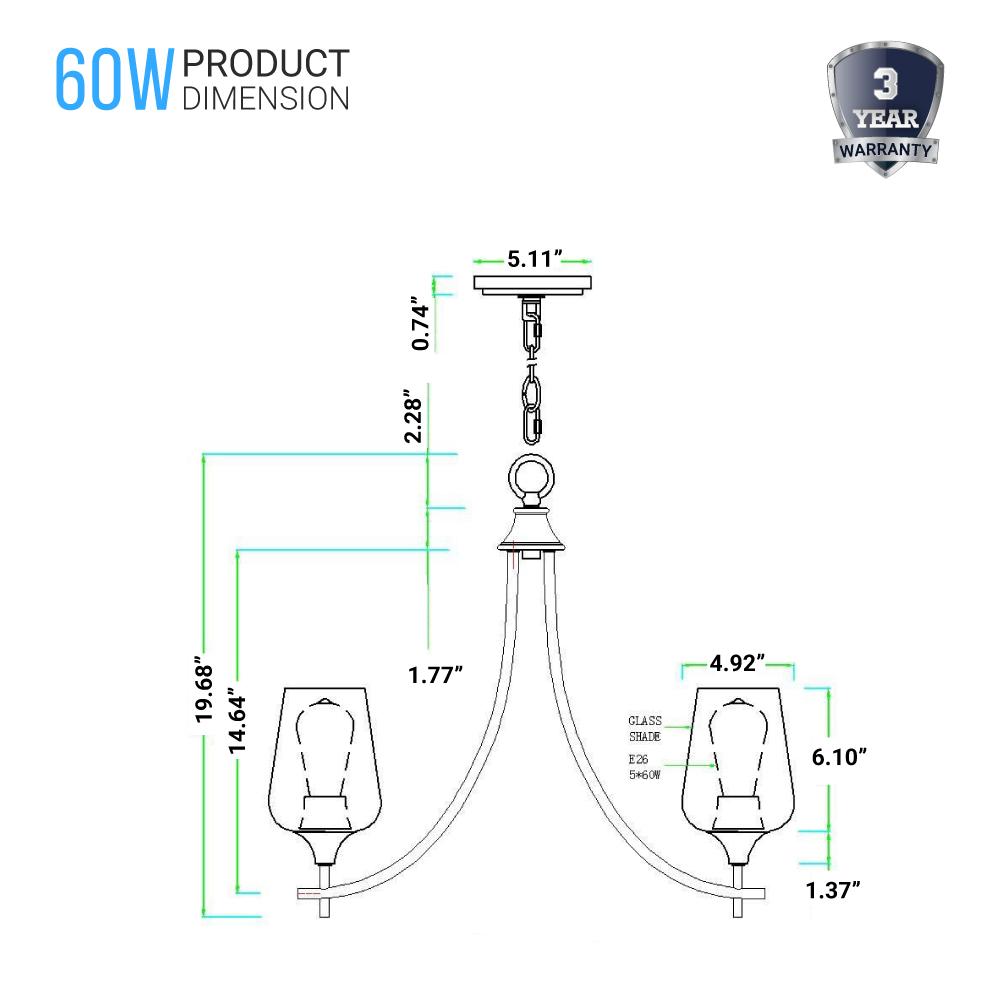5-Lights Chandelier Light - Brass Gold Finish with Clear Glass Shades, E26 Socket, UL Listed for Damp Location, 3 Years Warranty