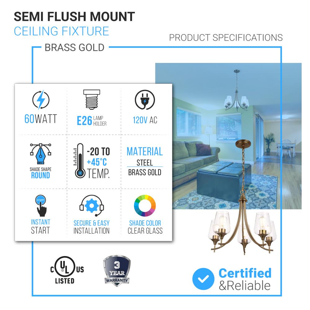5-Lights Chandelier Light - Brass Gold Finish with Clear Glass Shades, E26 Socket, UL Listed for Damp Location, 3 Years Warranty