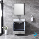 Jacques 30" Distressed Grey Single Vanity, White Carrara Marble Top, White Square Sink and 28" Mirror w/ Faucet