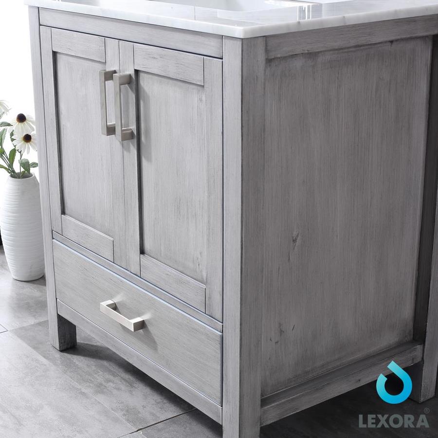 Jacques 30" Distressed Grey Single Vanity, White Carrara Marble Top, White Square Sink and 28" Mirror w/ Faucet