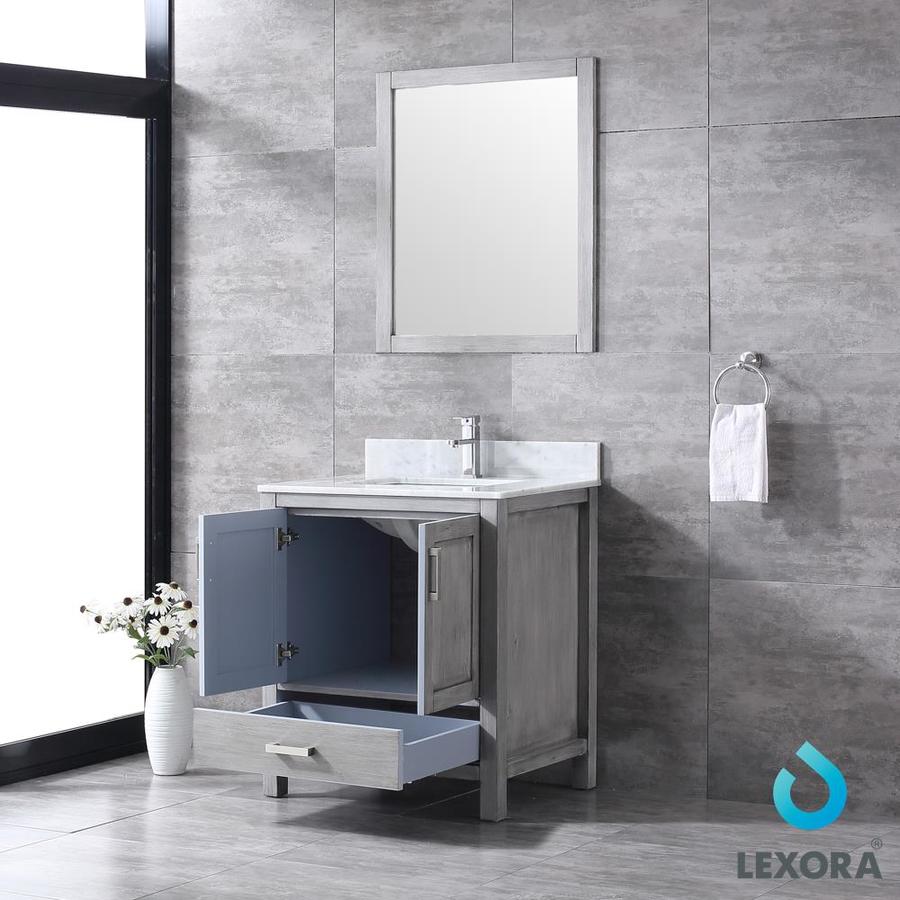 Jacques 30" Distressed Grey Single Vanity, White Carrara Marble Top, White Square Sink and 28" Mirror w/ Faucet