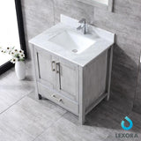 Jacques 30" Distressed Grey Single Vanity, White Carrara Marble Top, White Square Sink and 28" Mirror w/ Faucet