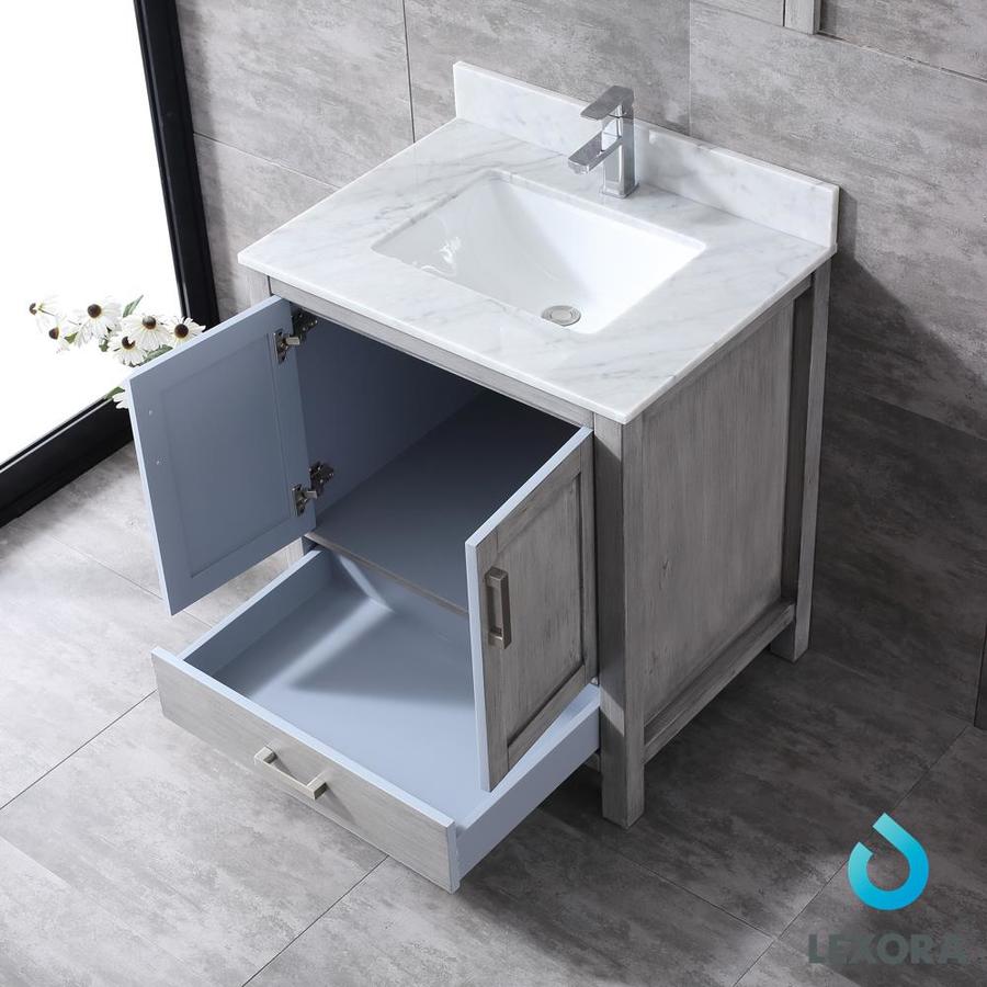 Jacques 30" Distressed Grey Single Vanity, White Carrara Marble Top, White Square Sink and 28" Mirror w/ Faucet