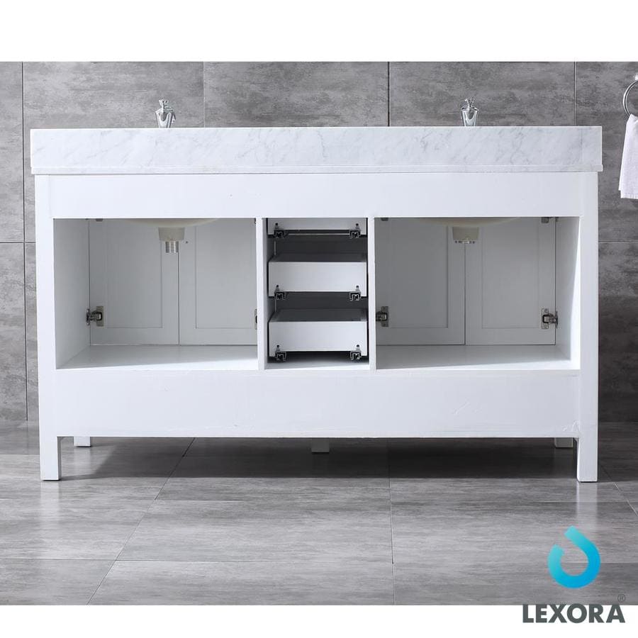 Jacques 60" White Double Vanity, White Carrara Marble Top, White Square Sinks and 58" Mirror w/ Faucets