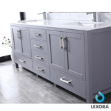 Jacques 80" Dark Grey Double Vanity, White Carrara Marble Top, White Square Sinks and 30" Mirrors w/ Faucets