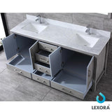 Jacques 72" Distressed Grey Double Vanity, White Carrara Marble Top, White Square Sinks and 70" Mirror w/ Faucets