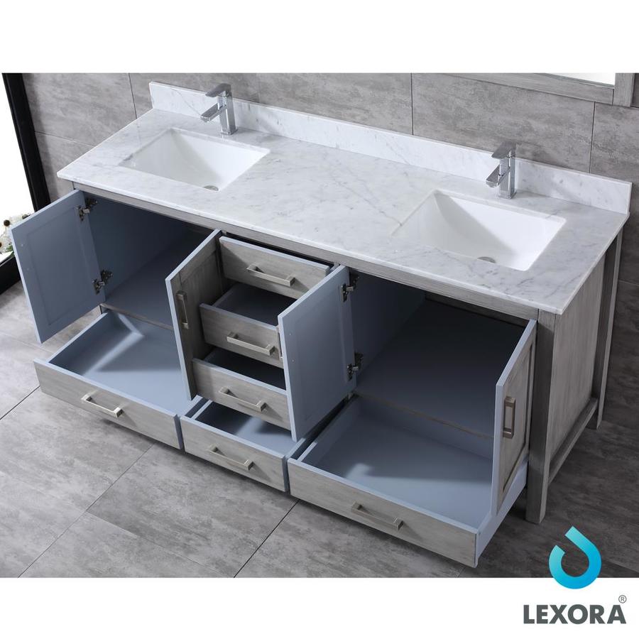 Jacques 72" Distressed Grey Double Vanity, White Carrara Marble Top, White Square Sinks and 70" Mirror w/ Faucets