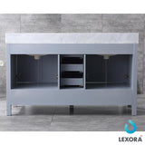 Jacques 60" Distressed Grey Double Vanity, White Carrara Marble Top, White Square Sinks and 58" Mirror w/ Faucets