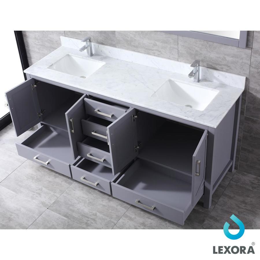 Jacques 72" Dark Grey Double Vanity, White Carrara Marble Top, White Square Sinks and 70" Mirror w/ Faucets