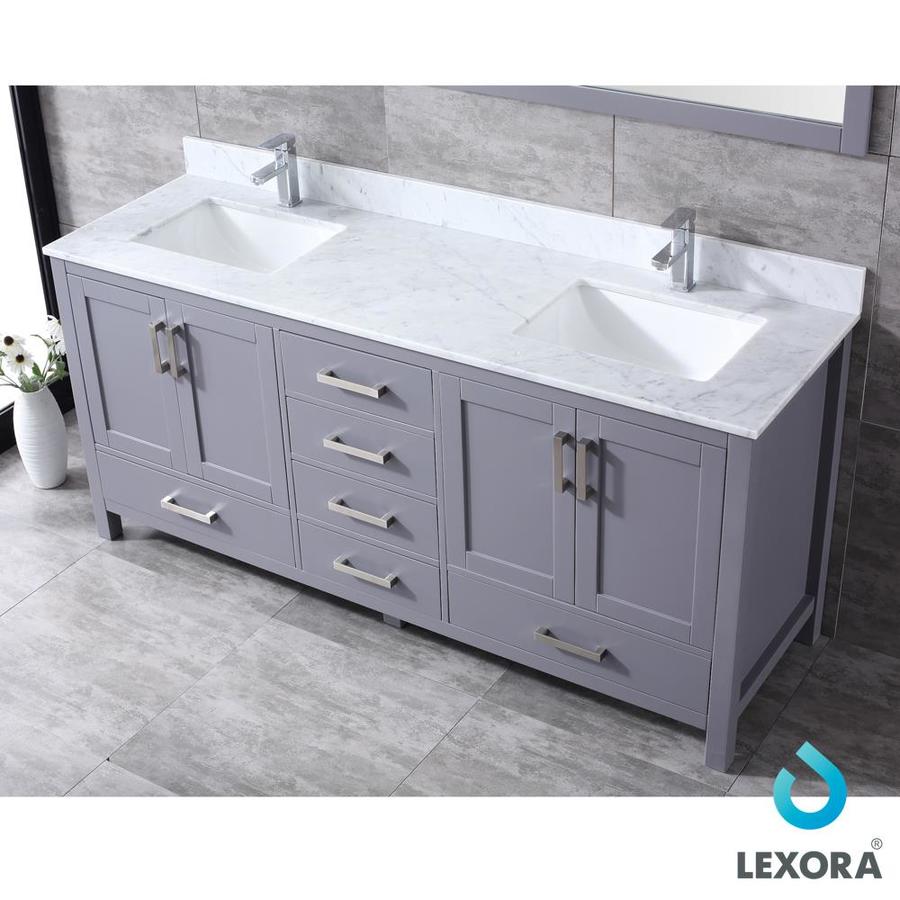Jacques 72" Dark Grey Double Vanity, White Carrara Marble Top, White Square Sinks and 70" Mirror w/ Faucets
