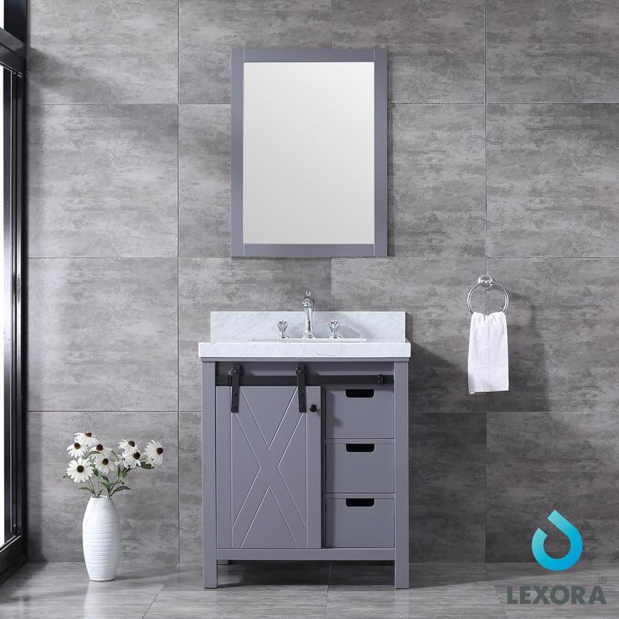 Marsyas 30" Dark Grey Single Vanity, White Carrara Marble Top, White Square Sink and 28" Mirror w/ Faucet