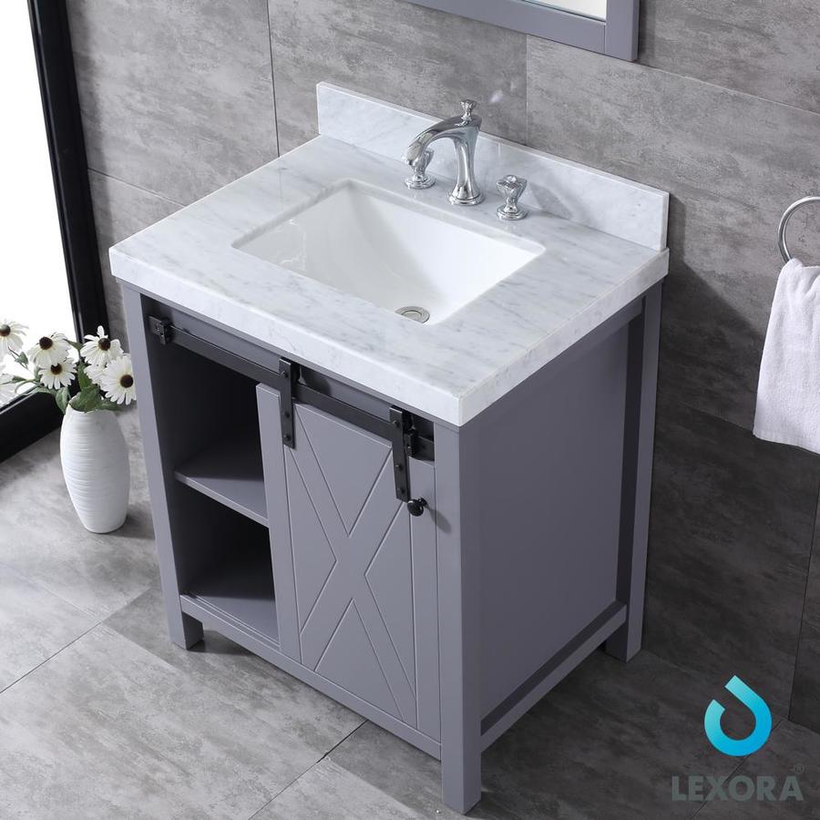 Marsyas 30" Dark Grey Single Vanity, White Carrara Marble Top, White Square Sink and 28" Mirror w/ Faucet
