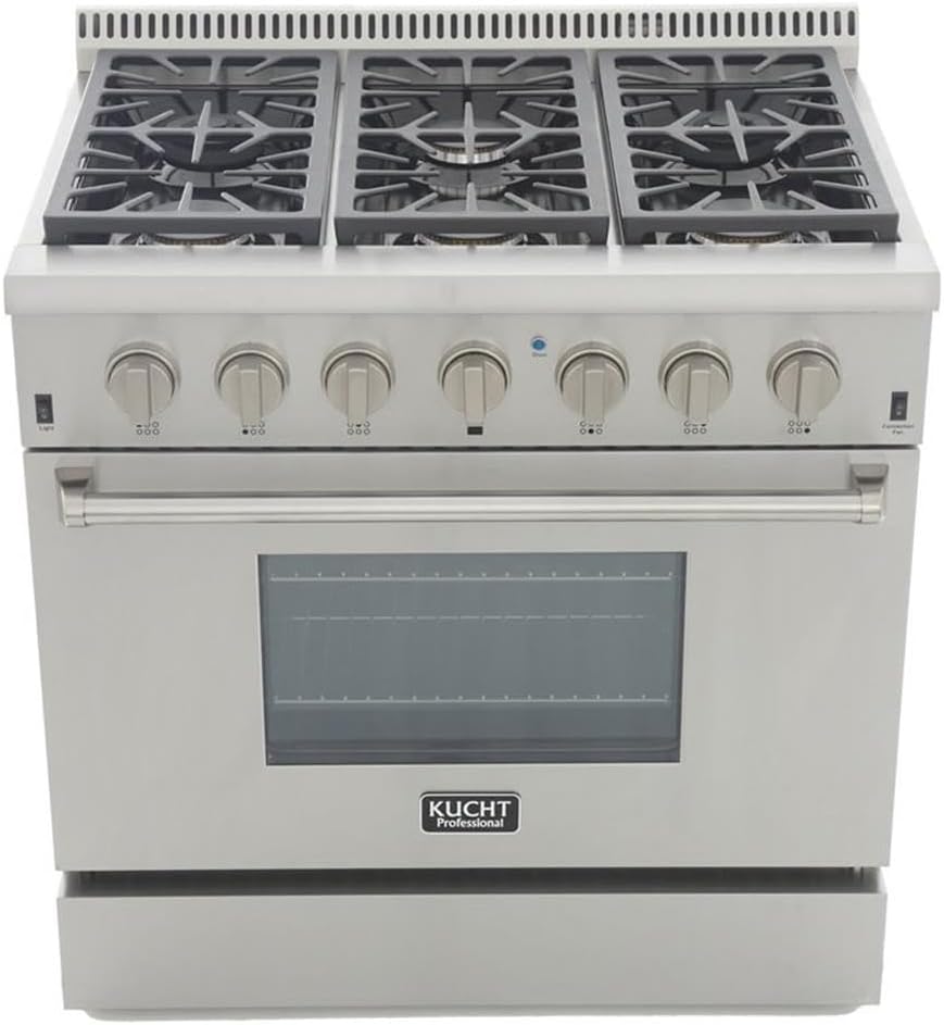 KUCHT Professional 36 in. 5.2 cu. ft. Dual Fuel Range for Propane Gas with Sealed Burners and Convection Oven in Stainless Steel with Classic Silver Knobs