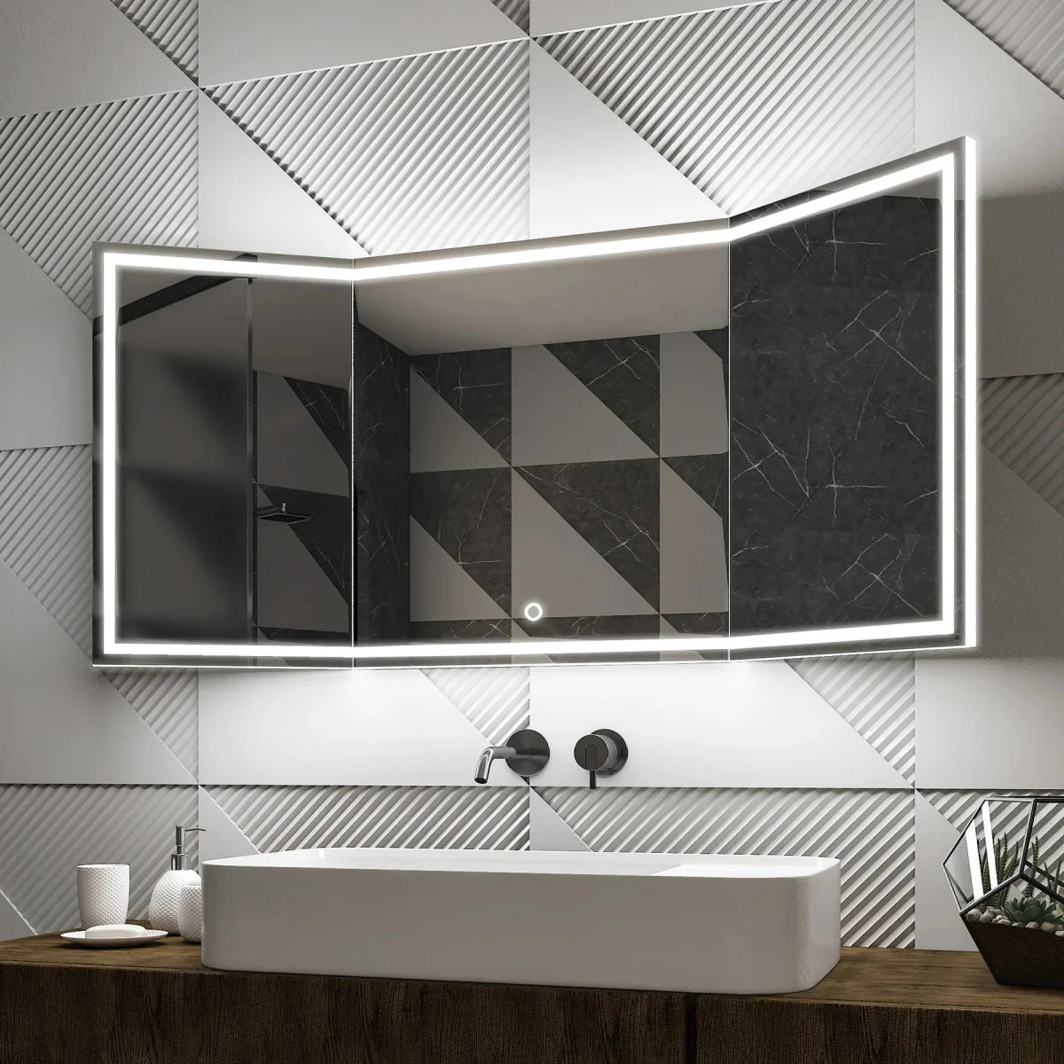 55.1 in. X 25.6 in. Backlit/Frontlit LED Lighted Bathroom Vanity Mirror with Pivoting Side Mirrors, Thin Plexiglass Edge, Anti Fog, Adjustable 3-Color Temperature & Remembrance, Makeup Mirror, Touch Button, CRI 90+, Titan Style