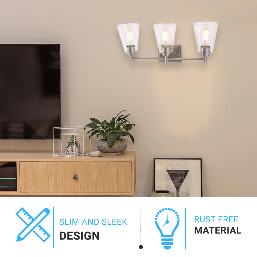 Flared Shape Bathroom Light Fixtures with Clear Glass Shade, E26 Base, UL Listed for Damp Location, Wall Mount, Bathroom Vanity Lighting