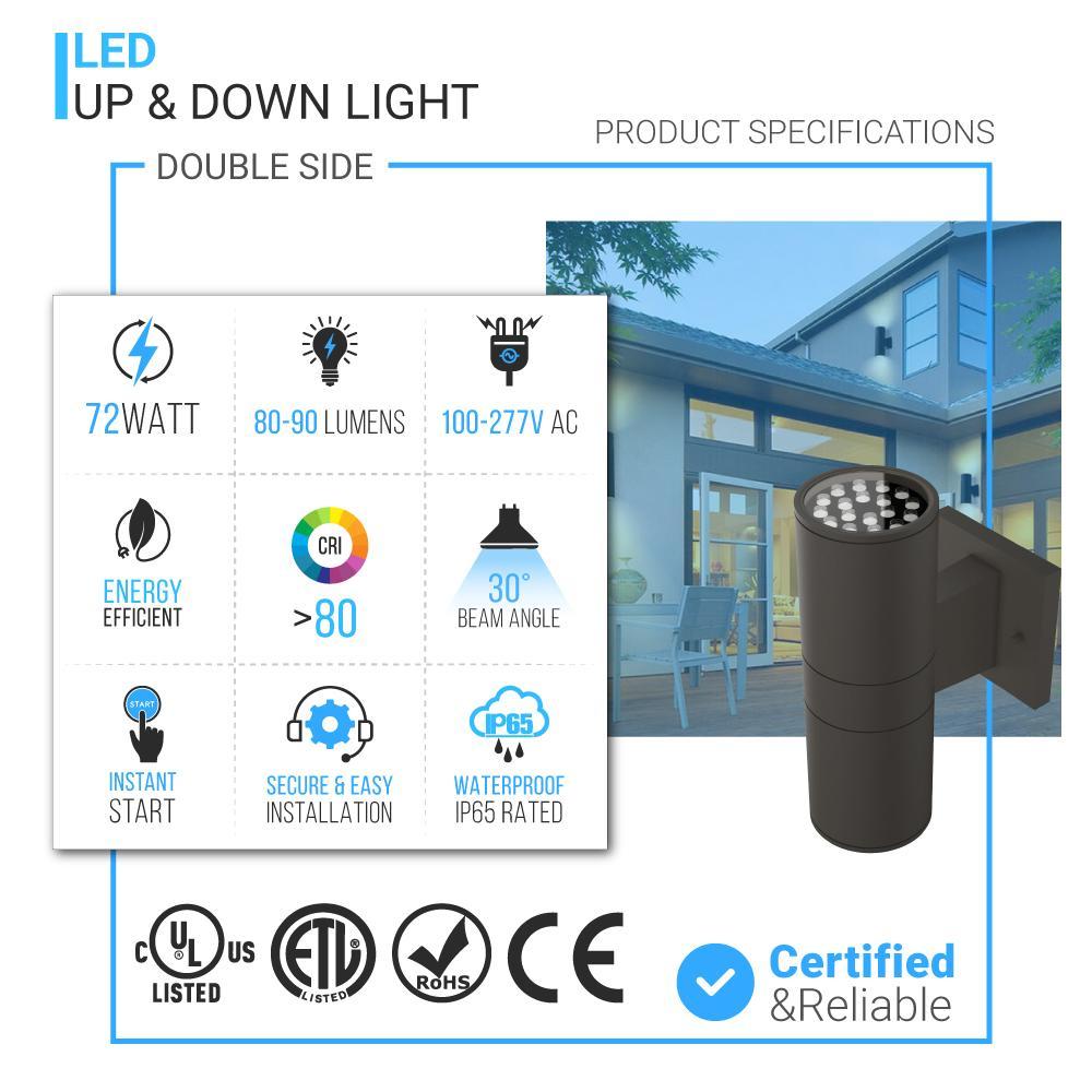 LED Up & Down Lights Outdoor Wall Light, Cylinder Outdoor Sconces, 2x36W, AC100- 277V, Double Side Light (Avail Color - Red, Green, Blue)