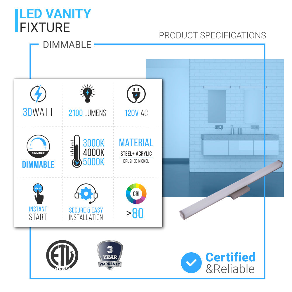 Bathroom Light Fixtures, Wall Mount, 24 inch/36 inch/48 inch, ETL Listed, Dimmable, Waterproof  Vanity Lighting, Rectangle Shape