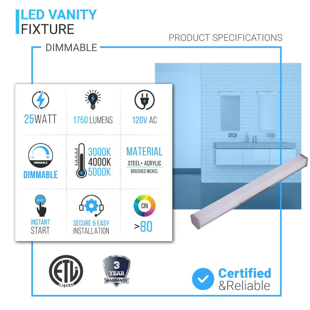 Bathroom Light Fixtures, Wall Mount, 24 inch/36 inch/48 inch, ETL Listed, Dimmable, Waterproof  Vanity Lighting, Rectangle Shape