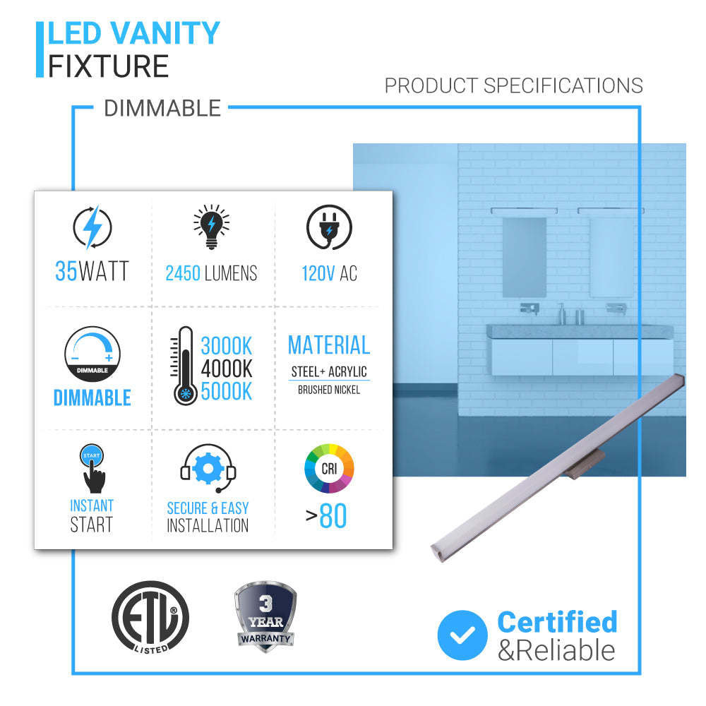 Bathroom Light Fixtures, Wall Mount, 24 inch/36 inch/48 inch, ETL Listed, Dimmable, Waterproof  Vanity Lighting, Rectangle Shape
