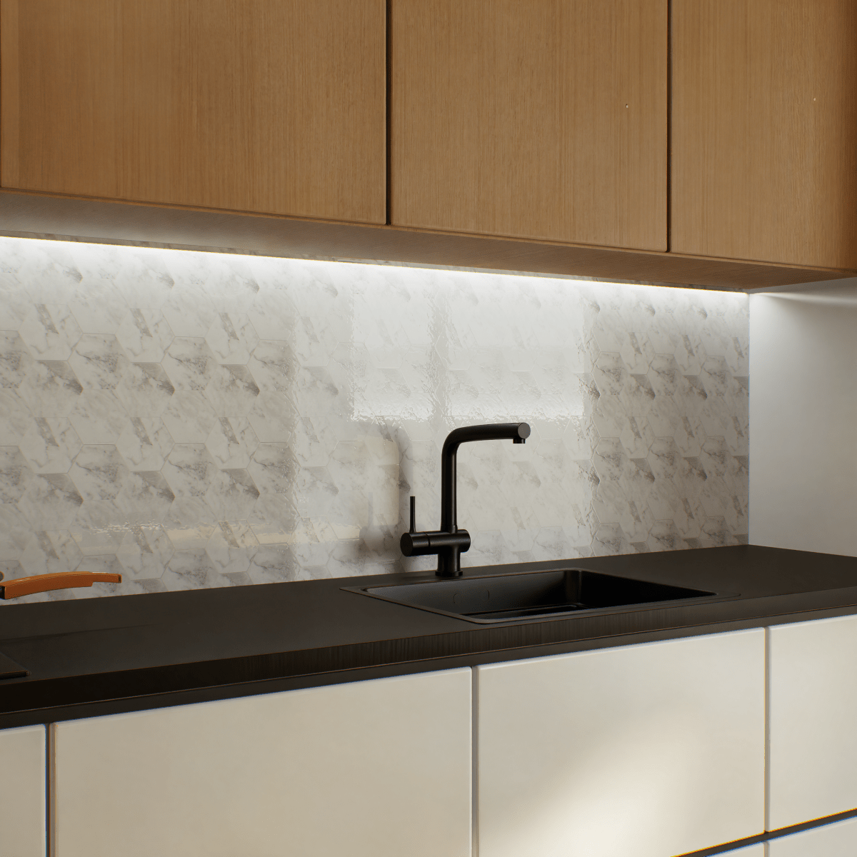 6 In Hexagon La Marca Arabescato Polished Glazed Porcelain Mosaic Tile