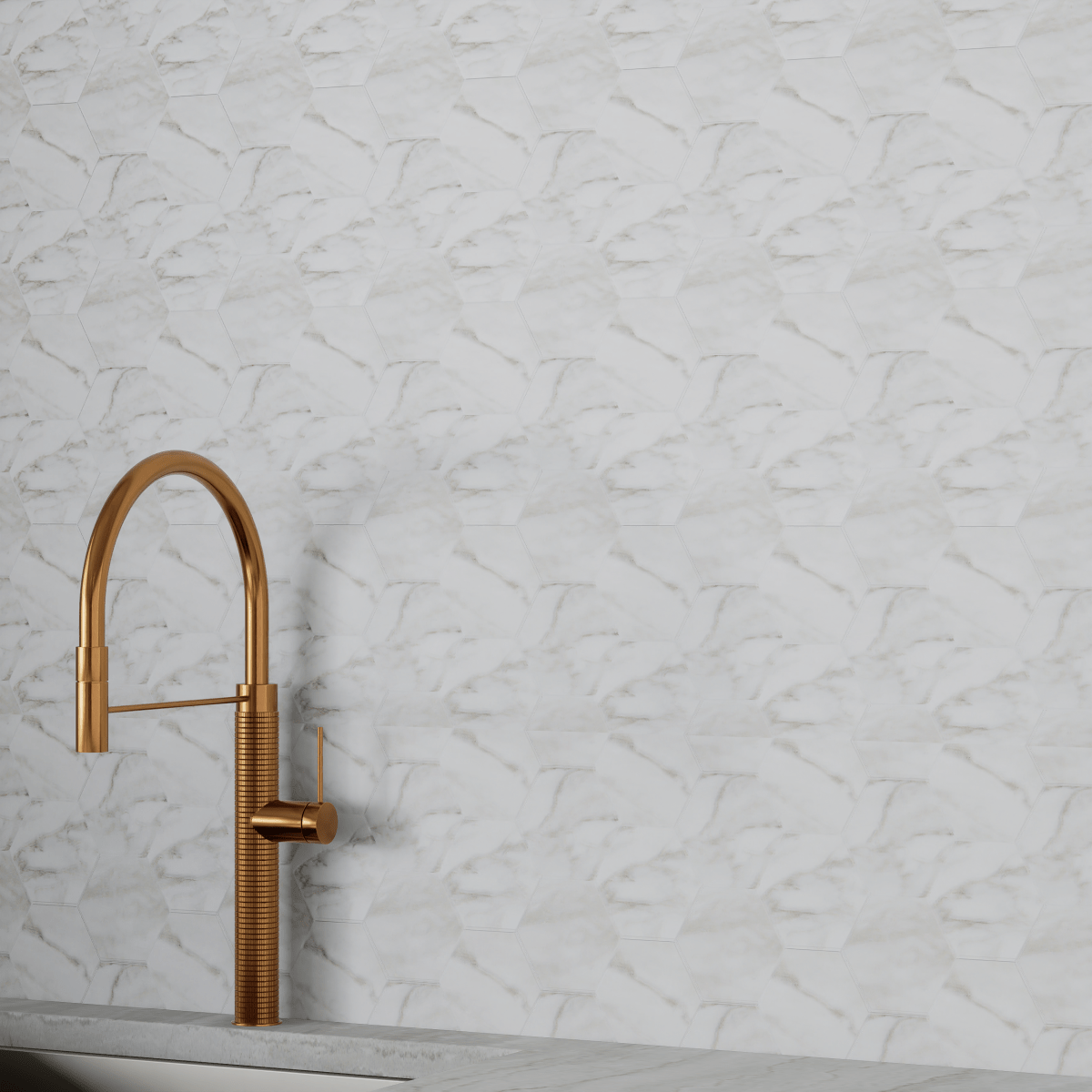 6 In Hexagon La Marca Calacatta Polished Glazed Porcelain Mosaic Tile