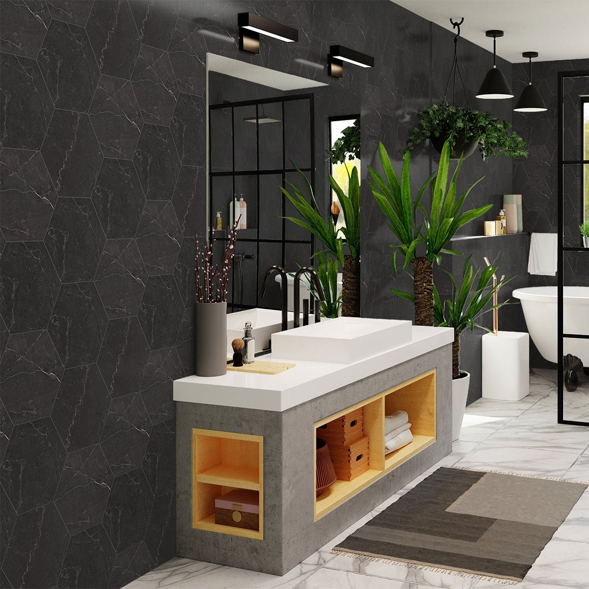 6 in. La Nero Venato Marca Hexagon Honed Glazed Porcelain Mosaic Tile