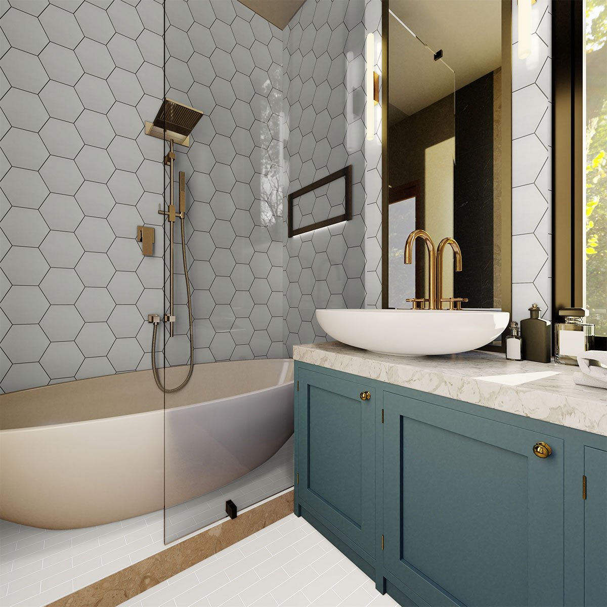 6 in Teramoda Stone Hexagon Glossy Pressed Glazed Ceramic Tile