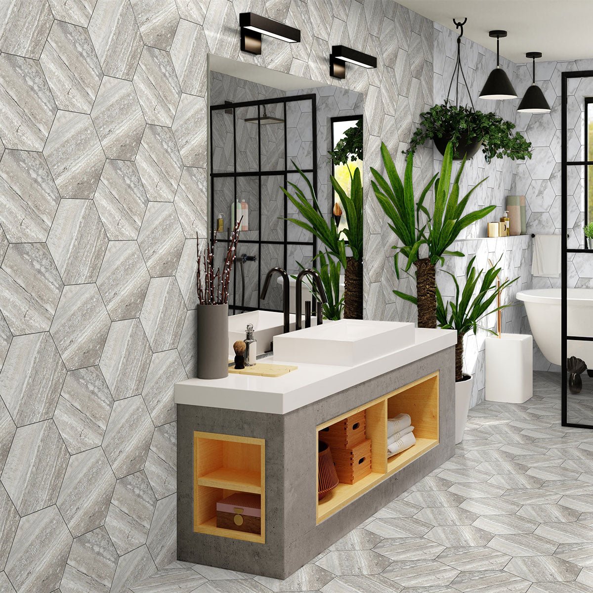 6 in. Travertino instrata La Marca Hexagon Honed Glazed Porcelain Mosaic Tile