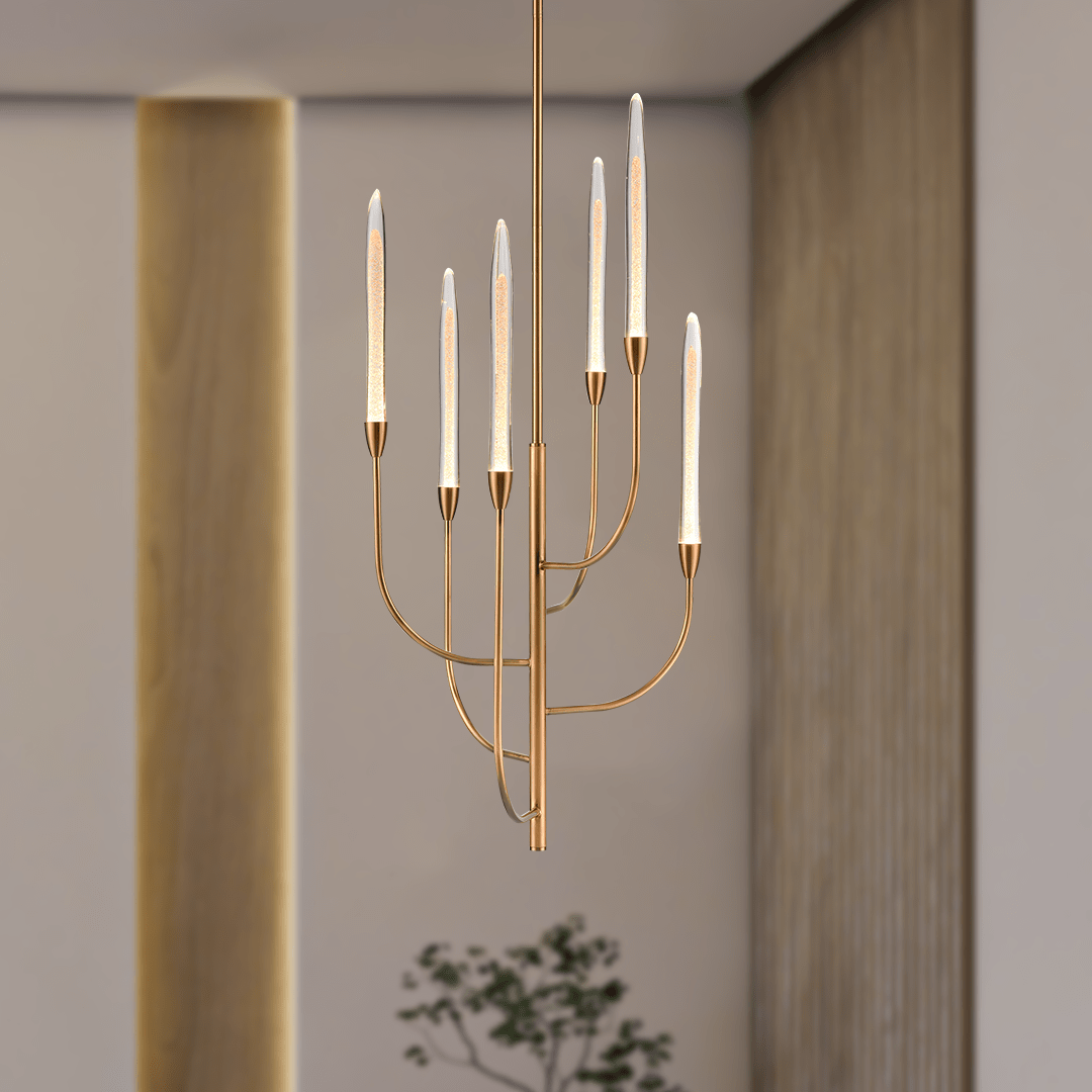 6 LED Lights Farmhouse Candle Chandeliers Satin Brass Finish Hardware with Hand Made Crystal - 20”D x 41“H