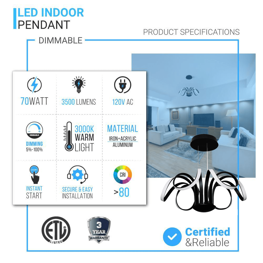 6-Light 30" Wide Modern/Contemporary Cage LED Chandelier Ceiling Light, 70W, 3000K, 3500LM, Adjustable Height