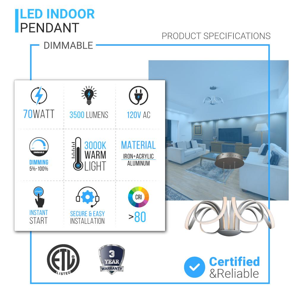 6-Light 30" Wide Modern/Contemporary Cage LED Chandelier Ceiling Light, 70W, 3000K, 3500LM, Adjustable Height