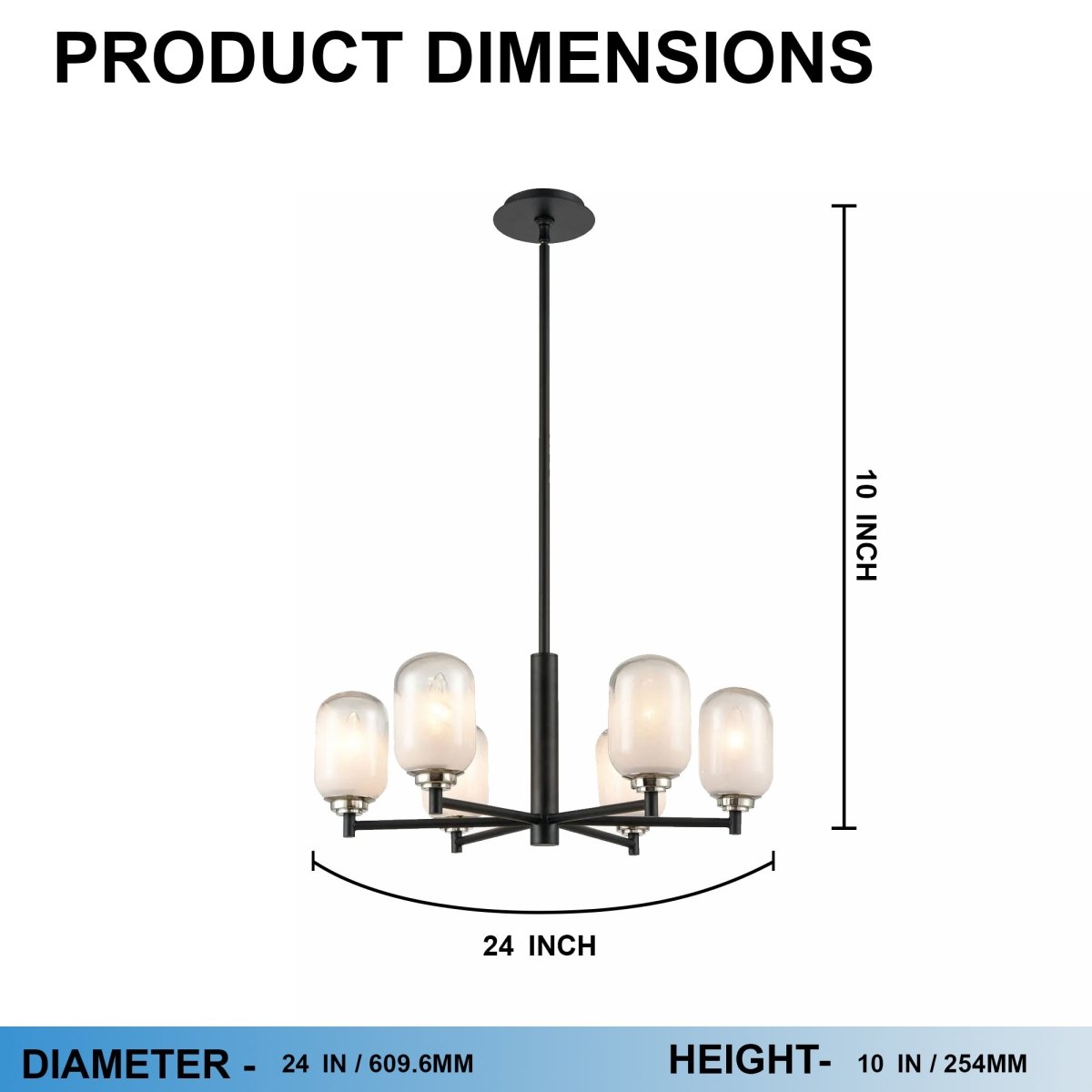 6-Light Black Finish Chandelier Light with Snow Glass, E12 Base, Diam 24" Height 10", 120V, Bulb Type B10, Socket type E12, Max wattage Per Socket 60W