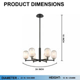 6-Light Black Finish Chandelier Light with Snow Glass, E12 Base, Diam 24" Height 10", 120V, Bulb Type B10, Socket type E12, Max wattage Per Socket 60W