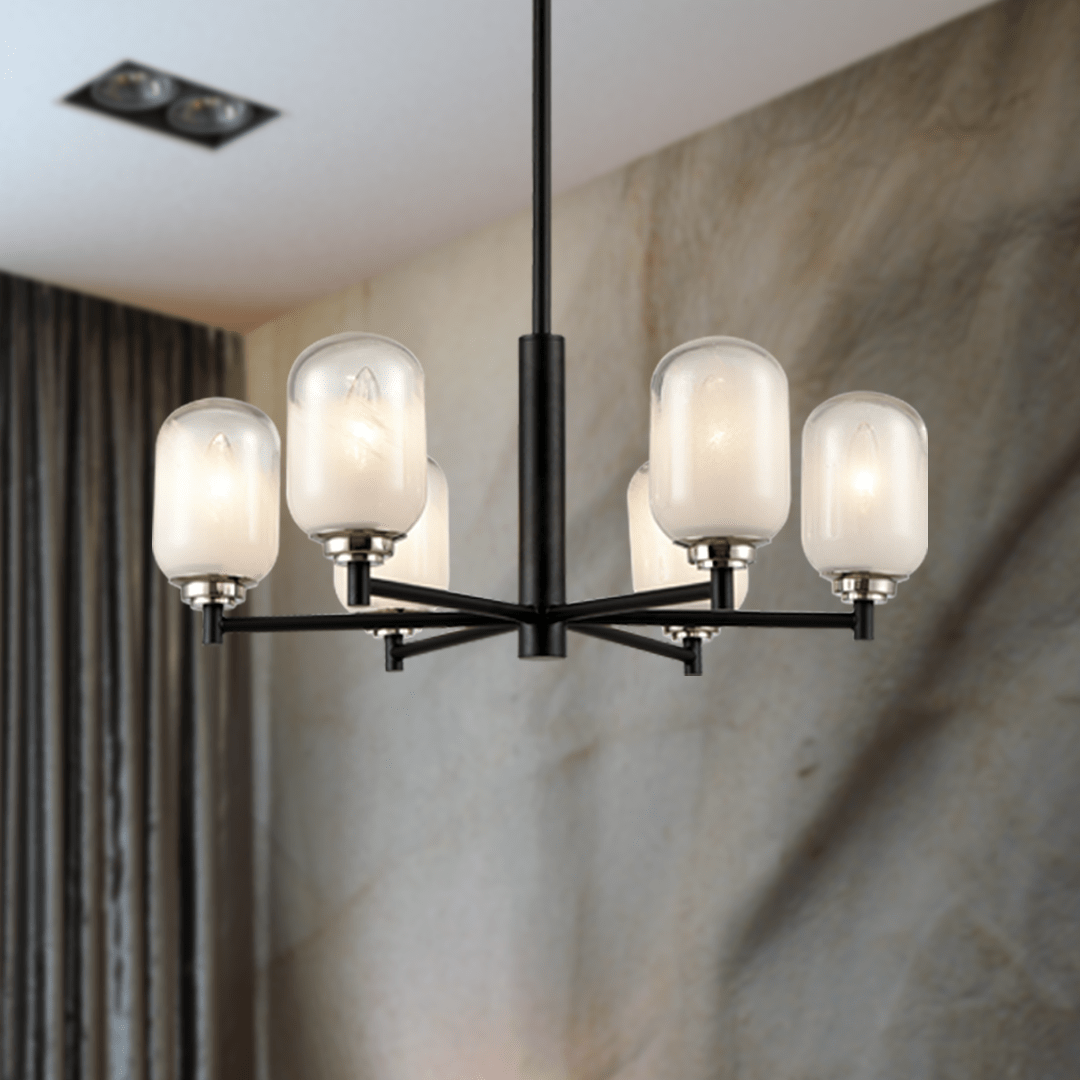 6-Light Black Finish Chandelier Light with Snow Glass, E12 Base, Diam 24" Height 10", 120V, Bulb Type B10, Socket type E12, Max wattage Per Socket 60W