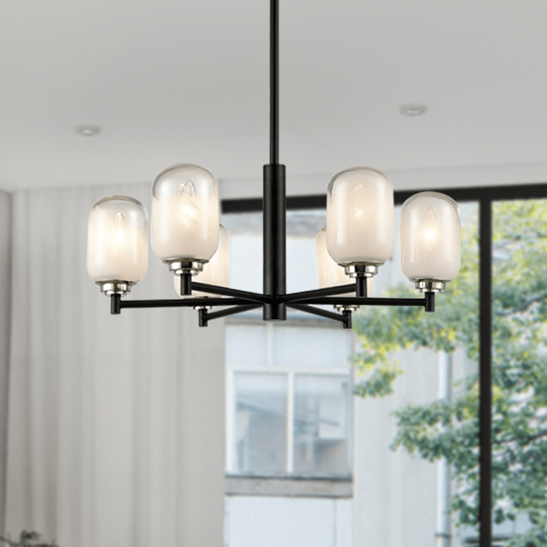 6-Light Black Finish Chandelier Light with Snow Glass, E12 Base, Diam 24" Height 10", 120V, Bulb Type B10, Socket type E12, Max wattage Per Socket 60W