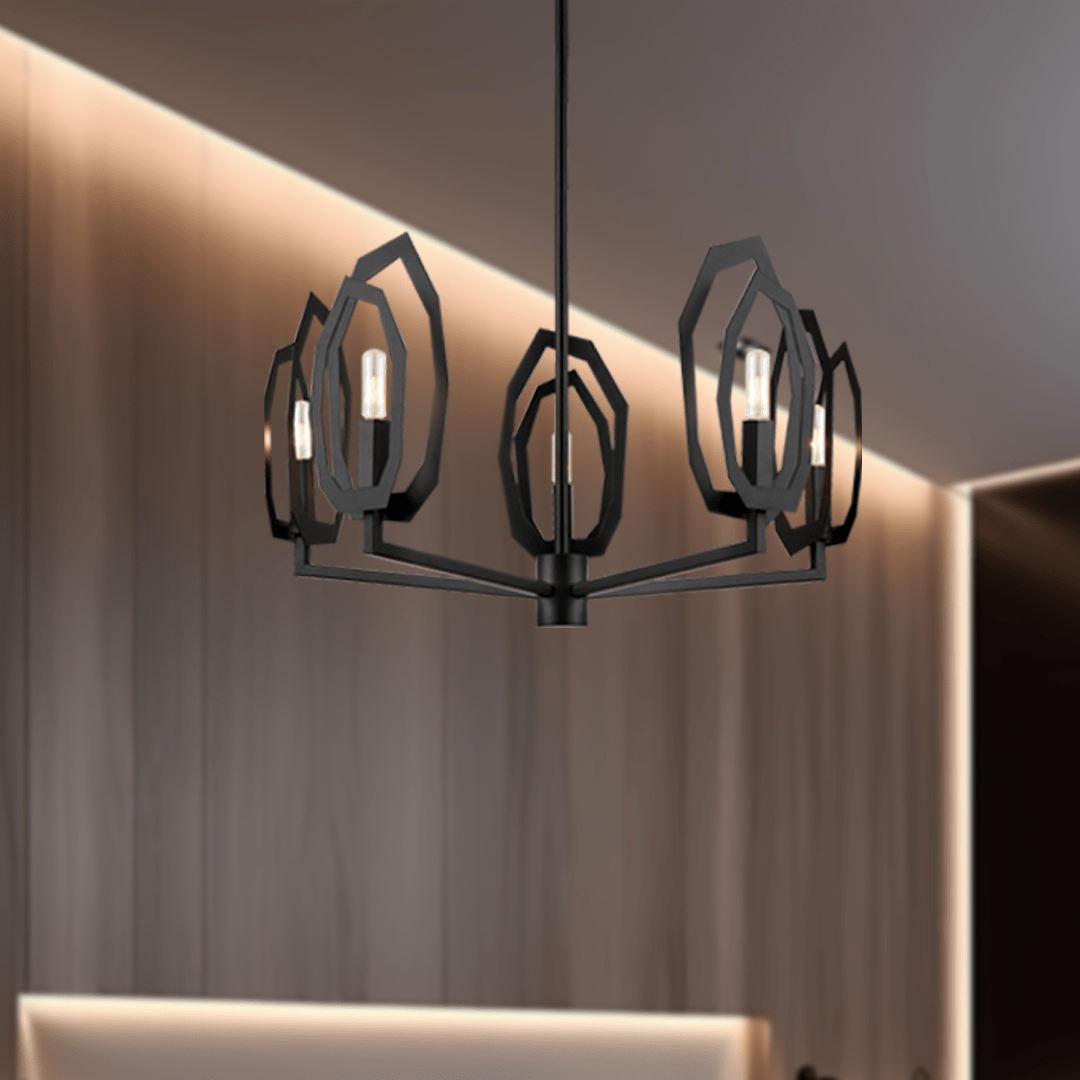 6-Light Black Finish Chandelier Light with Snow Glass, E12 Base, 120V, Bulb Type B10, Socket type E12, Max wattage Per Socket 60W - 28“D x 16”H