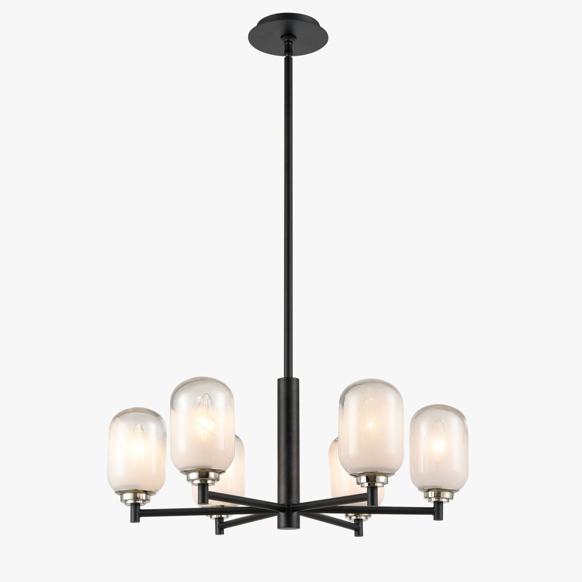 6-Light Black Finish Chandelier Light with Snow Glass, E12 Base, Diam 24" Height 10", 120V, Bulb Type B10, Socket type E12, Max wattage Per Socket 60W