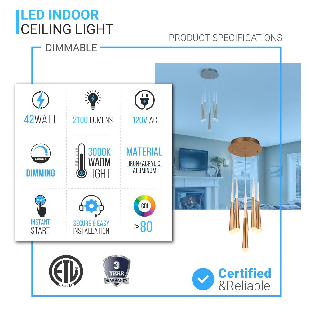 6-Light Chandelier, Brushed Gold Finish, 42W, 3000K, 2100LM, Dimmable, Chandelier Dining Light Living Room Lighting Kitchen Island