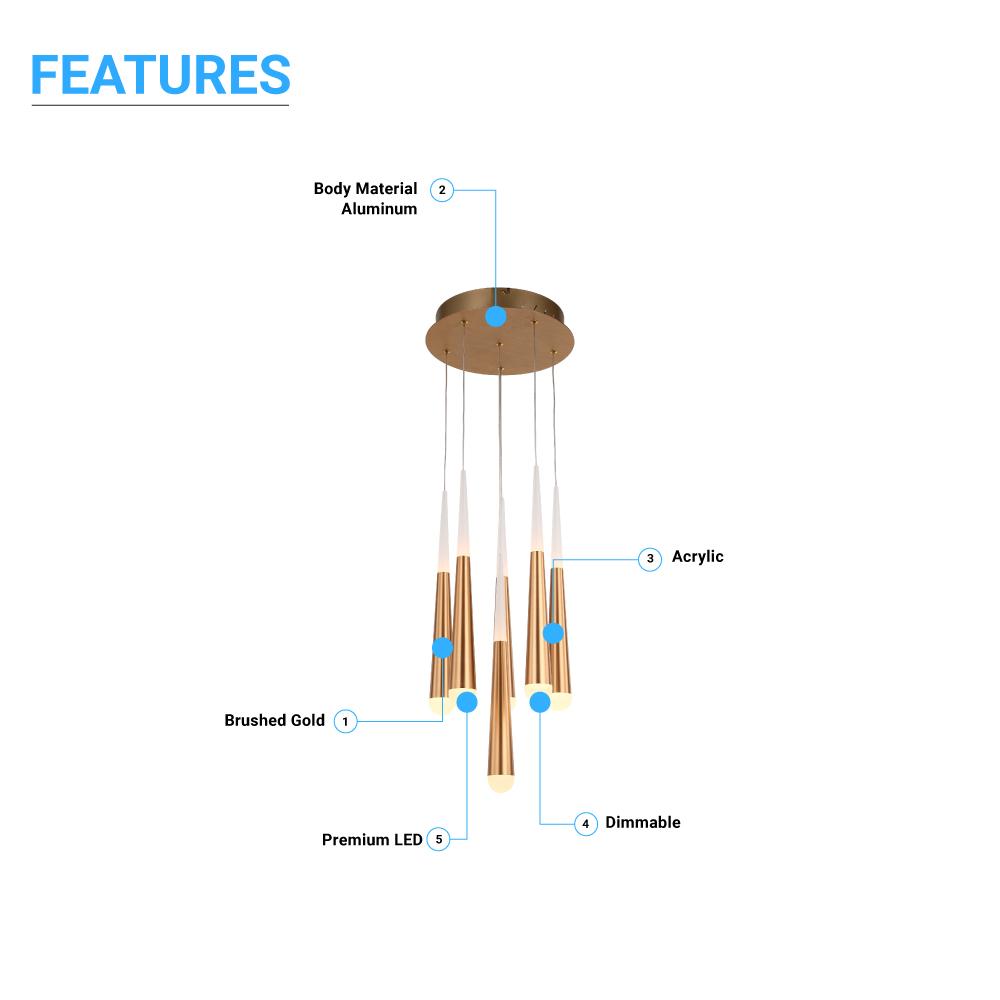 6-Light Chandelier, Brushed Gold Finish, 42W, 3000K, 2100LM, Dimmable, Chandelier Dining Light Living Room Lighting Kitchen Island