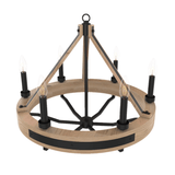 6-Light Farmhouse Chandelier, E12 Base, Matte black Finish Hardware with Nature Solid Ashwood - 26“D x 22”H