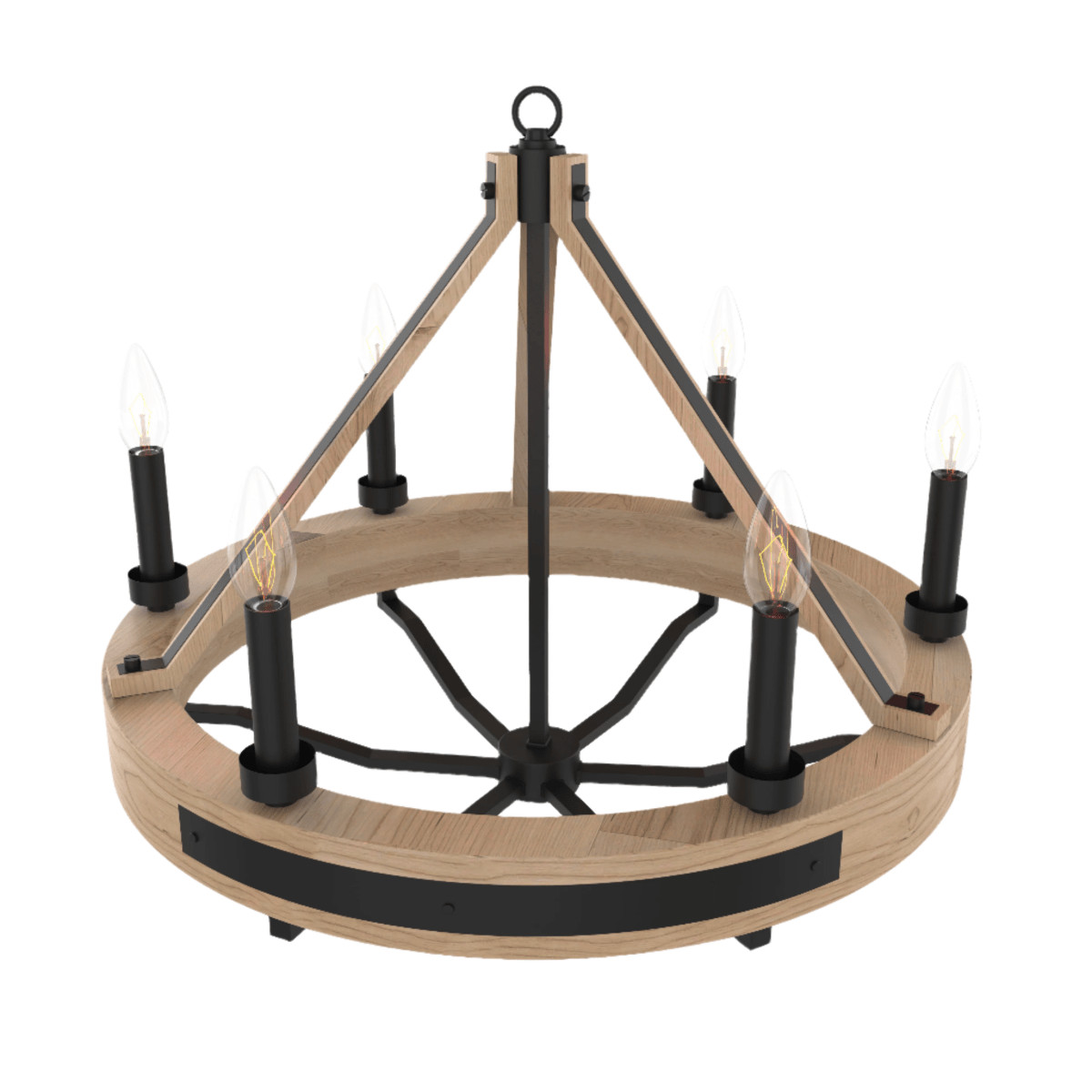 6-Light Farmhouse Chandelier, E12 Base, Matte black Finish Hardware with Nature Solid Ashwood - 26“D x 22”H
