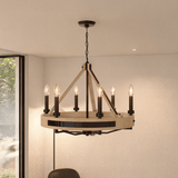 6-Light Farmhouse Chandelier, E12 Base, Matte black Finish Hardware with Nature Solid Ashwood - 26“D x 22”H