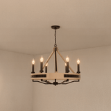 6-Light Farmhouse Chandelier, E12 Base, Matte black Finish Hardware with Nature Solid Ashwood - 26“D x 22”H